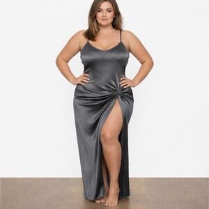 SKIMS Silk Slip Dress Maxi High Slit Gunmetal   3X